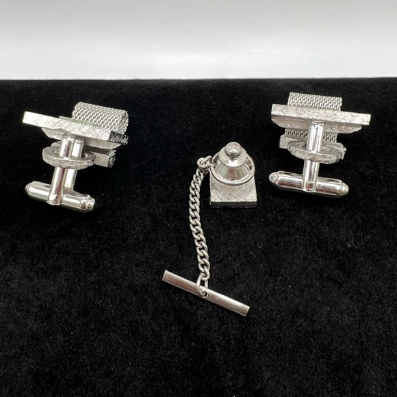 Vintage Dante Cuff Links Silver Tone Mesh Wrap Genuine Jade Stone - Picture 4 of 4